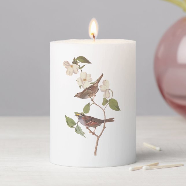White Throated Sparrow Audubon Birds with Flowers Pillar Candle (In Situ)