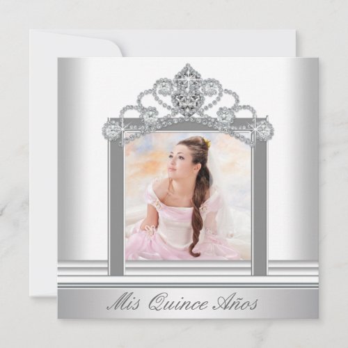 White Tiara White Photo Sweet Quinceanera Custom Announcement