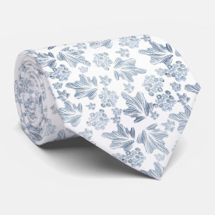 White tie with blue leaves
