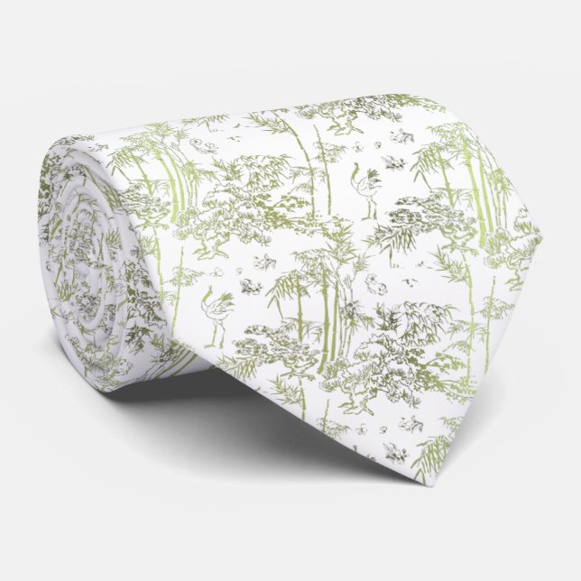White tie with green bamboo (Rolled)