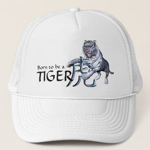 White Tiger and Chinese Symbol Trucker Hat