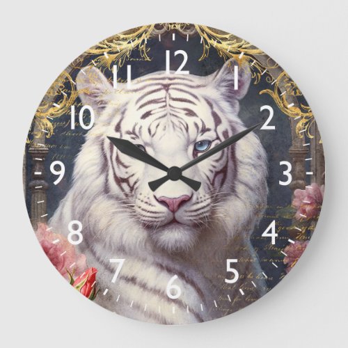 White Tiger and Gold Damask Large Clock