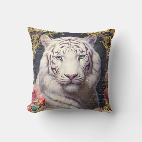 White Tiger and Gold Damask Throw Pillow