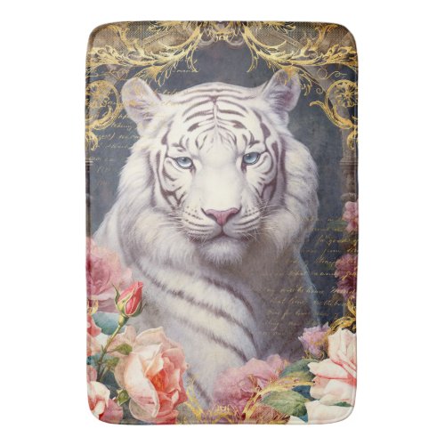 White Tiger and Pink Flowers Bath Mat