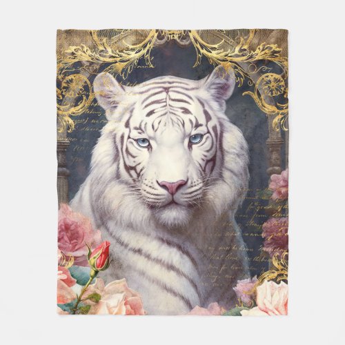 White Tiger and Pink Flowers Fleece Blanket