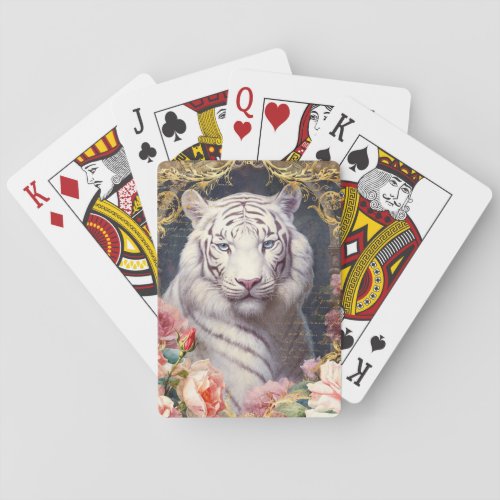 White Tiger and Pink Flowers Playing Cards