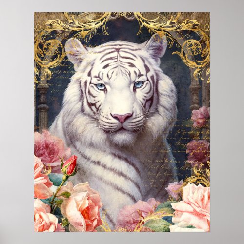 White Tiger and Pink Flowers Poster