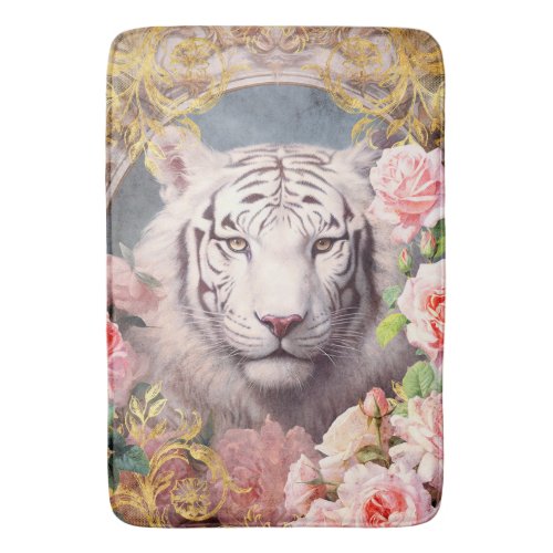 White Tiger and Pink Roses Bath Mat
