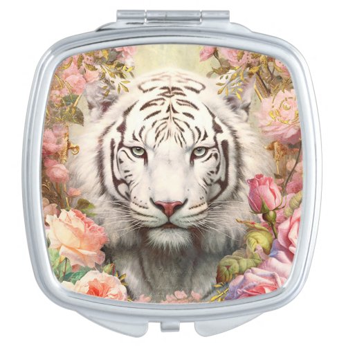 White Tiger and Pink Roses Compact Mirror