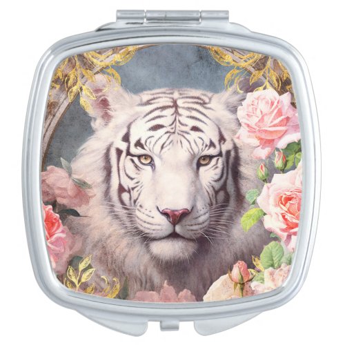 White Tiger and Pink Roses Compact Mirror