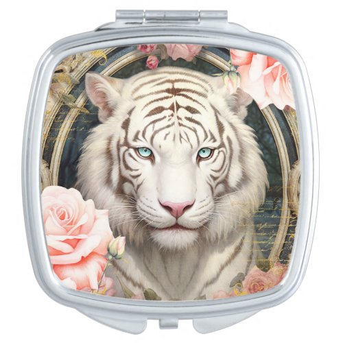 White Tiger and Pink Roses Compact Mirror