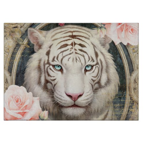 White Tiger and Pink Roses Cutting Board