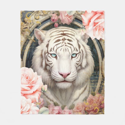 White Tiger and Pink Roses Fleece Blanket