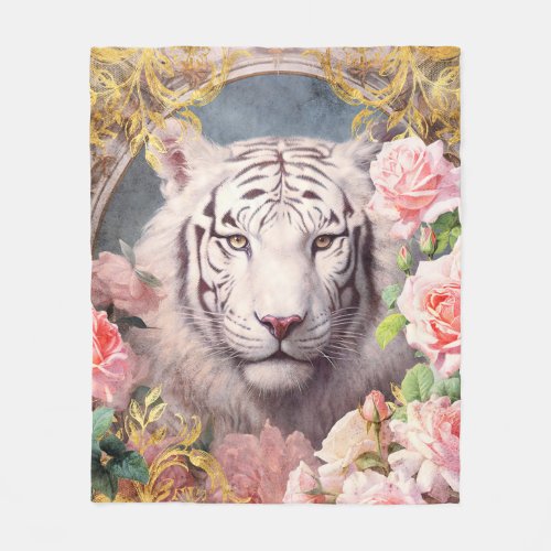 White Tiger and Pink Roses Fleece Blanket