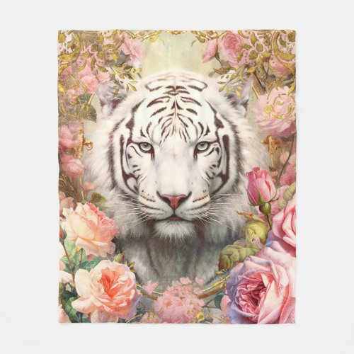 White Tiger and Pink Roses Fleece Blanket