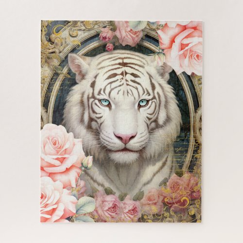 White Tiger and Pink Roses Jigsaw Puzzle