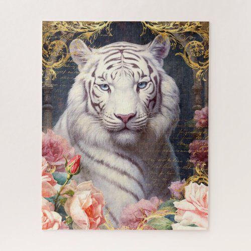 White Tiger and Pink Roses Jigsaw Puzzle