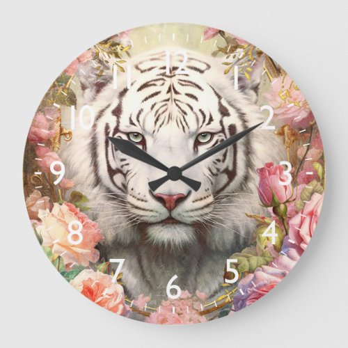 White Tiger and Pink Roses Large Clock
