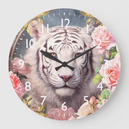 White Tiger and Pink Roses Large Clock