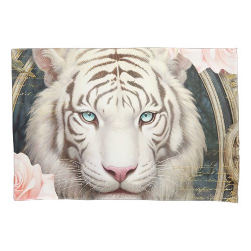White Tiger and Pink Roses Pillow Case