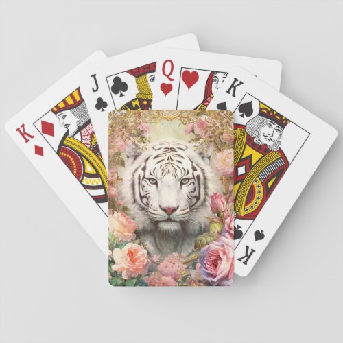 White Tiger and Pink Roses Playing Cards