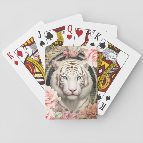 White Tiger and Pink Roses Playing Cards