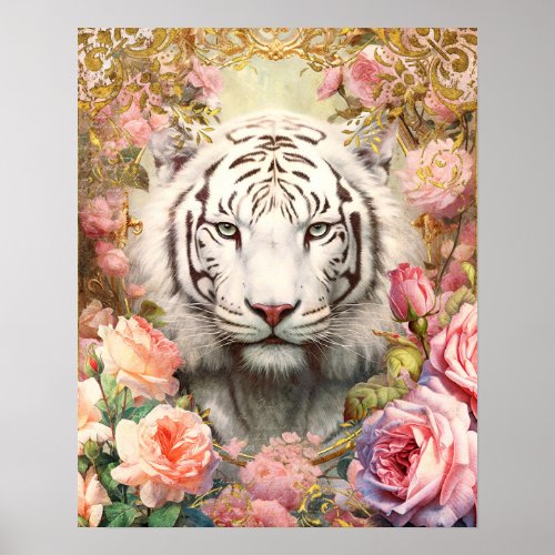 White Tiger and Pink Roses Poster