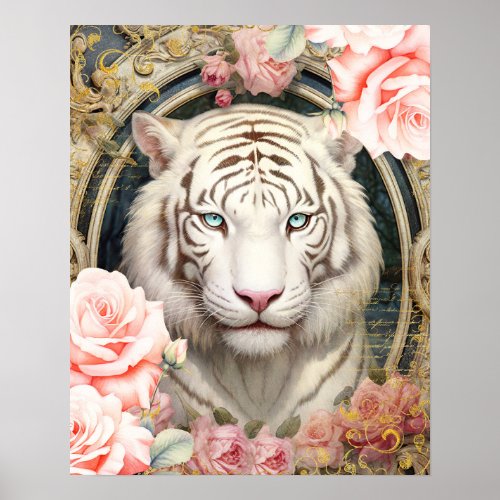 White Tiger and Pink Roses Poster