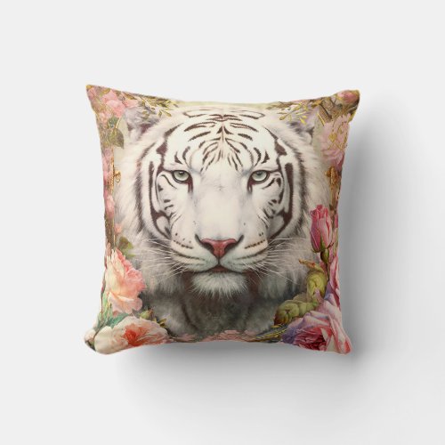 White Tiger and Pink Roses Throw Pillow