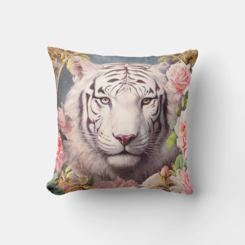 White Tiger and Pink Roses Throw Pillow