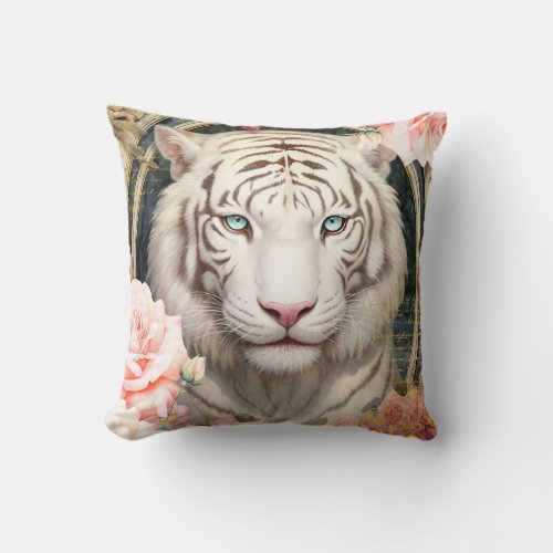 White Tiger and Pink Roses Throw Pillow