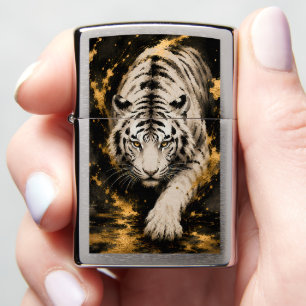 White Tiger Black Gold Ink Art Majestic White Ti Zippo Lighter