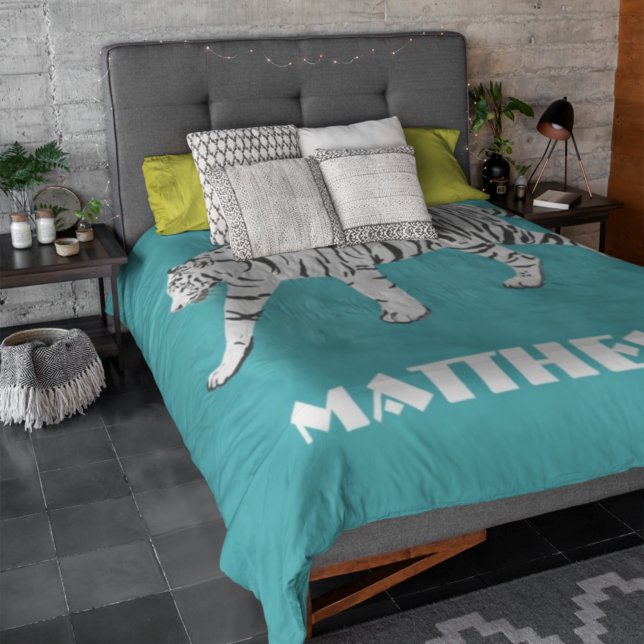 White Tiger, Bright Teal, Turquoise Personalized Duvet Cover (Creator Uploaded)