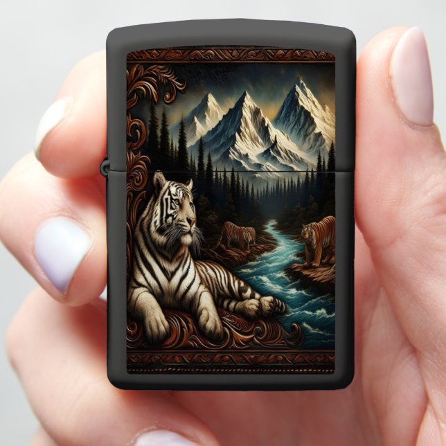 White Tiger Dreams of Mountains Zippo Lighter (In Hand)