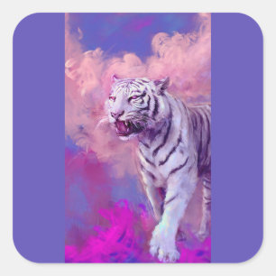 White Tiger Fantasy Art – Violet Dreamscape Animal Square Sticker