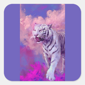 White Tiger Fantasy Art – Violet Dreamscape Animal Square Sticker