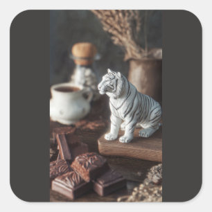 White Tiger Figurine – Rustic Chocolate & Coffee Square Sticker