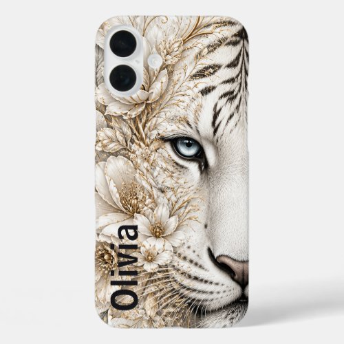 White Tiger Floral Art with Blue Eyes iPhone 16 Plus Case