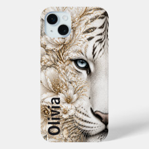 White Tiger Floral Art with Blue Eyes iPhone 15 Plus Case