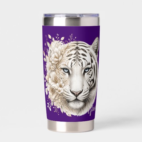 White Tiger Floral Art with Blue Eyes on Purple Insulated Tumbler