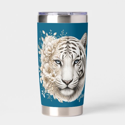White Tiger Floral Art with Blue Eyes on Teal Insulated Tumbler