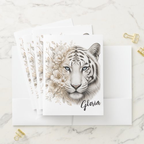 White Tiger Floral Art with Blue Eyes Pocket Folder