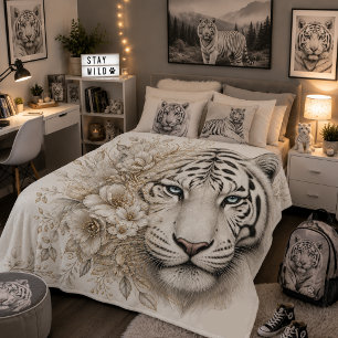 White Tiger Floral Art with Blue Eyes Sherpa Blanket
