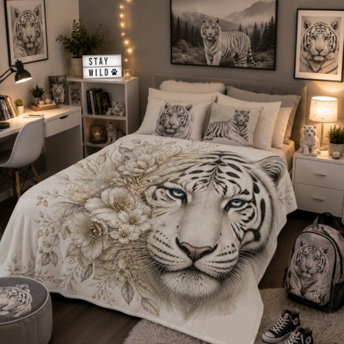 White Tiger Floral Art with Blue Eyes Sherpa Blanket