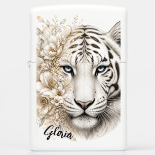 White Tiger Floral Art with Blue Eyes Zippo Lighter