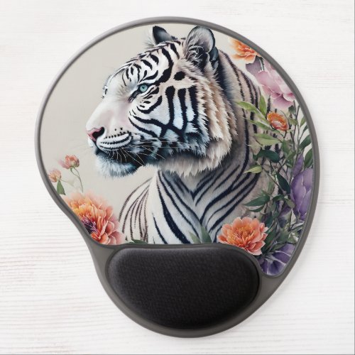 White Tiger Floral Portrait Art Gel Mouse Pad