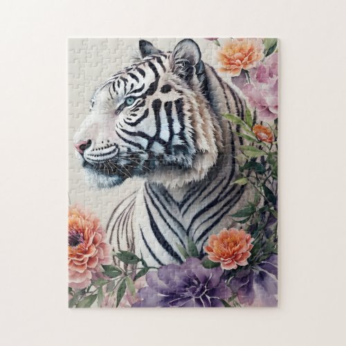 White Tiger Floral Portrait Art Jigsaw Puzzle