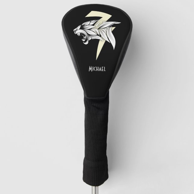 White Tiger Head And Thunderbolt Black Background Golf Head Cover (Front)