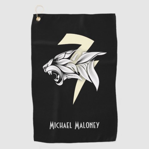 White Tiger Head And Thunderbolt Black Background Golf Towel