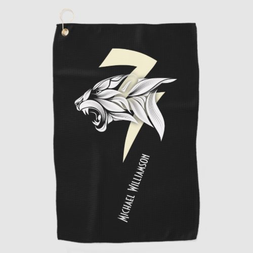 White Tiger Head And Thunderbolt Black Background  Golf Towel